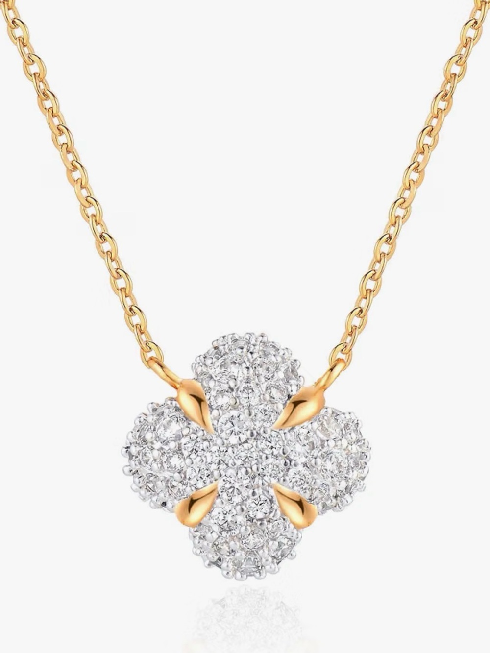 Gold Plated Chain Necklace with Silver Crystal Clover Pendant